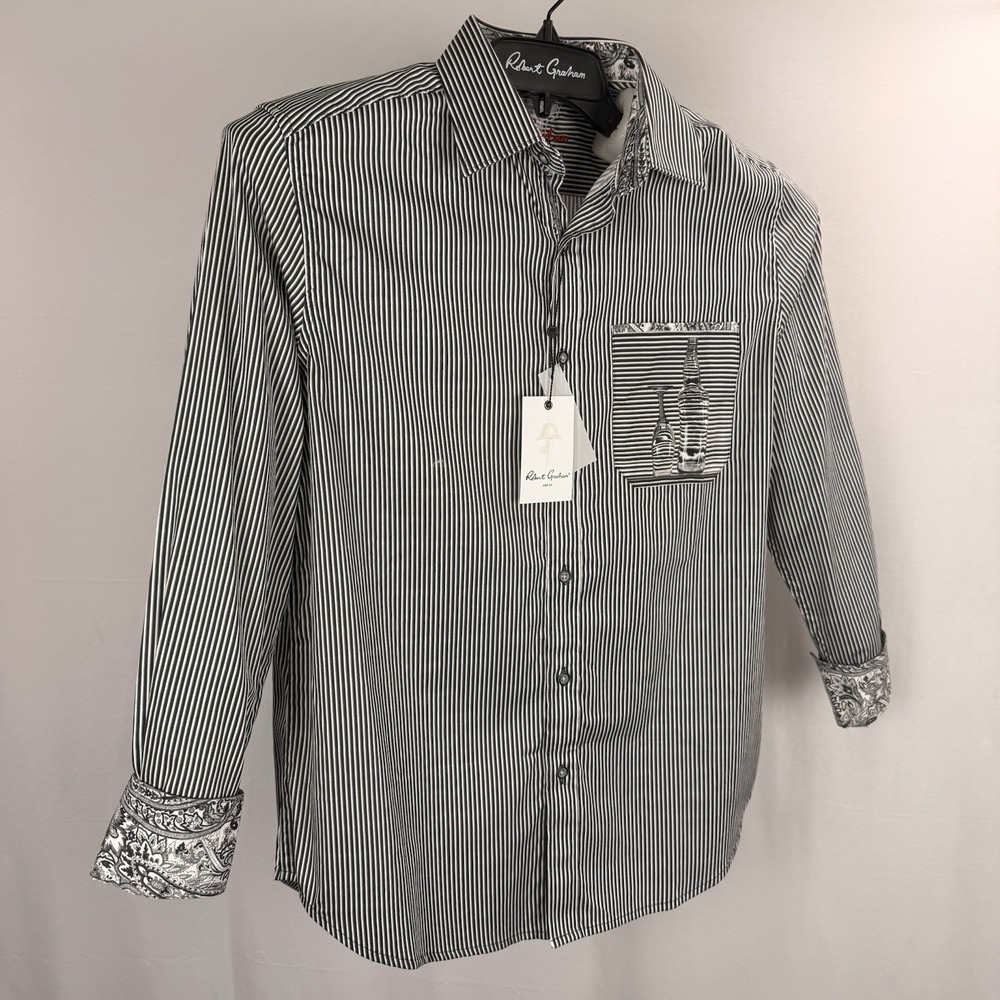 Robert Graham Button-Up Shirt Men 3XL Perspective Drink Art FlipCuff Stretch NEW